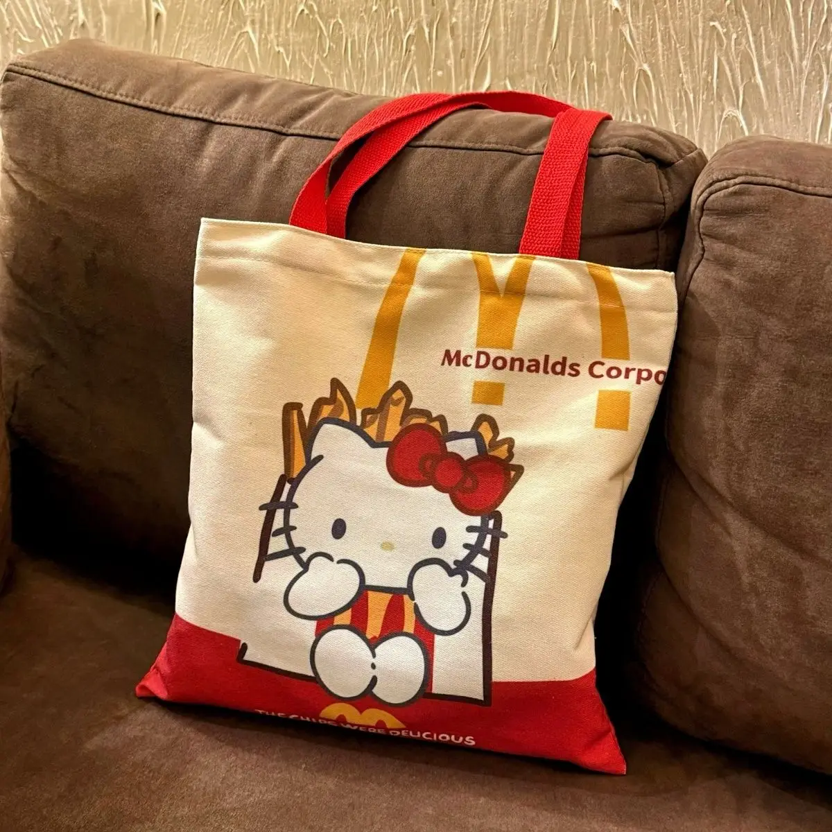 Miniso Hello Kitty Handbag Cute Printed Canvas Shoulder Bag Kawaii Portable Large Capacity Storage Bag Student Lunch Bag