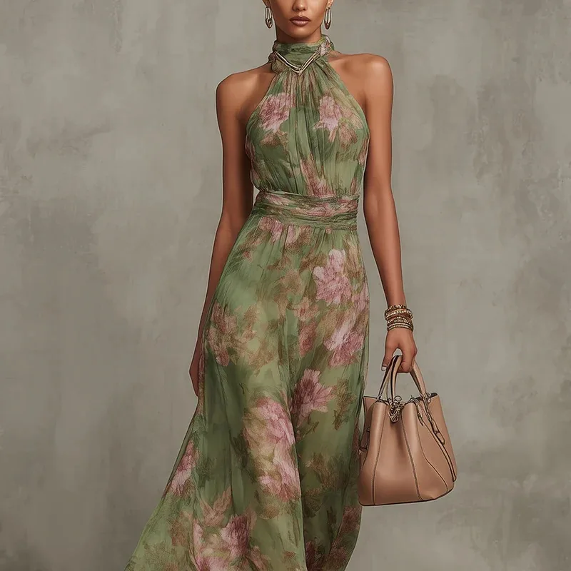 2026 Women's New Summer Style Pleated Mesh Printed Irregular Slit Sexy Halterneck Hip-covering Dress Long Skirt for Women view 5