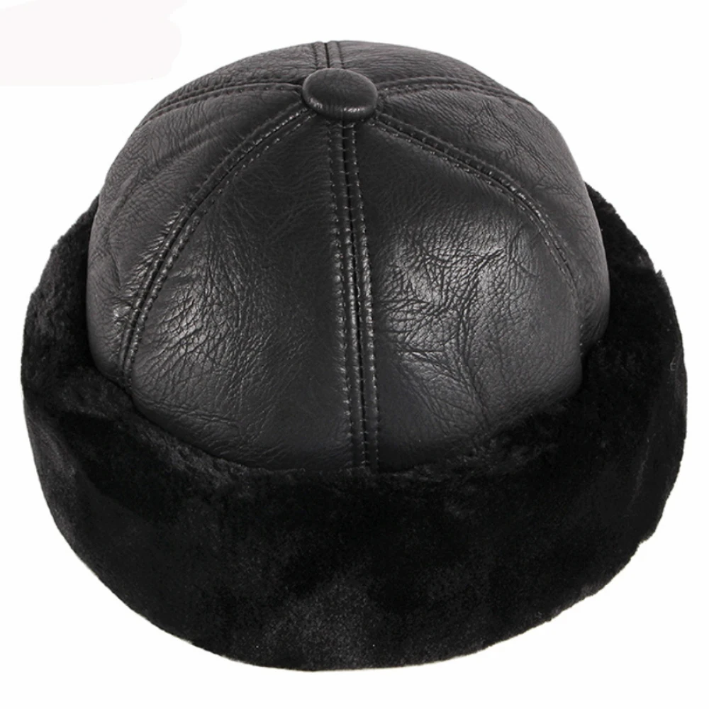 HT4415 High Quality Autumn Winter Cap Hat PU Leather Thick Warm Bomber Hat Solid Black Fleece Lined Russian Cap 6 Panels Fur Hat