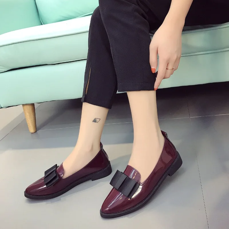 Patent Leather Bow Single Shoes Autumn New Pointed Toe Mid Buckle Soft Sole Non-Slip Low Heel Shoes