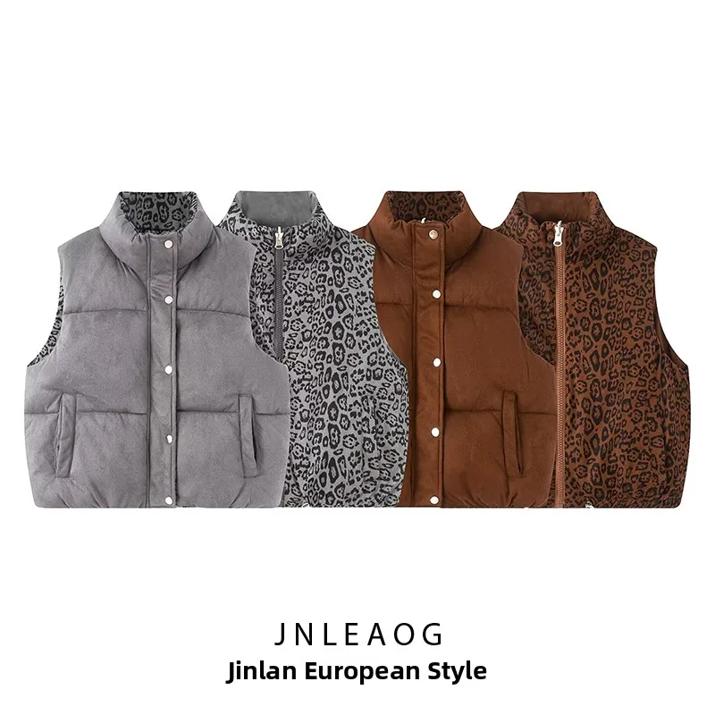 

JNLEAOG, осенний новый женский модный дизайн, двусторонняя одежда, хлопковый жилет в стиле ретро с диким леопардовым принтом, круглый жилет Ne
