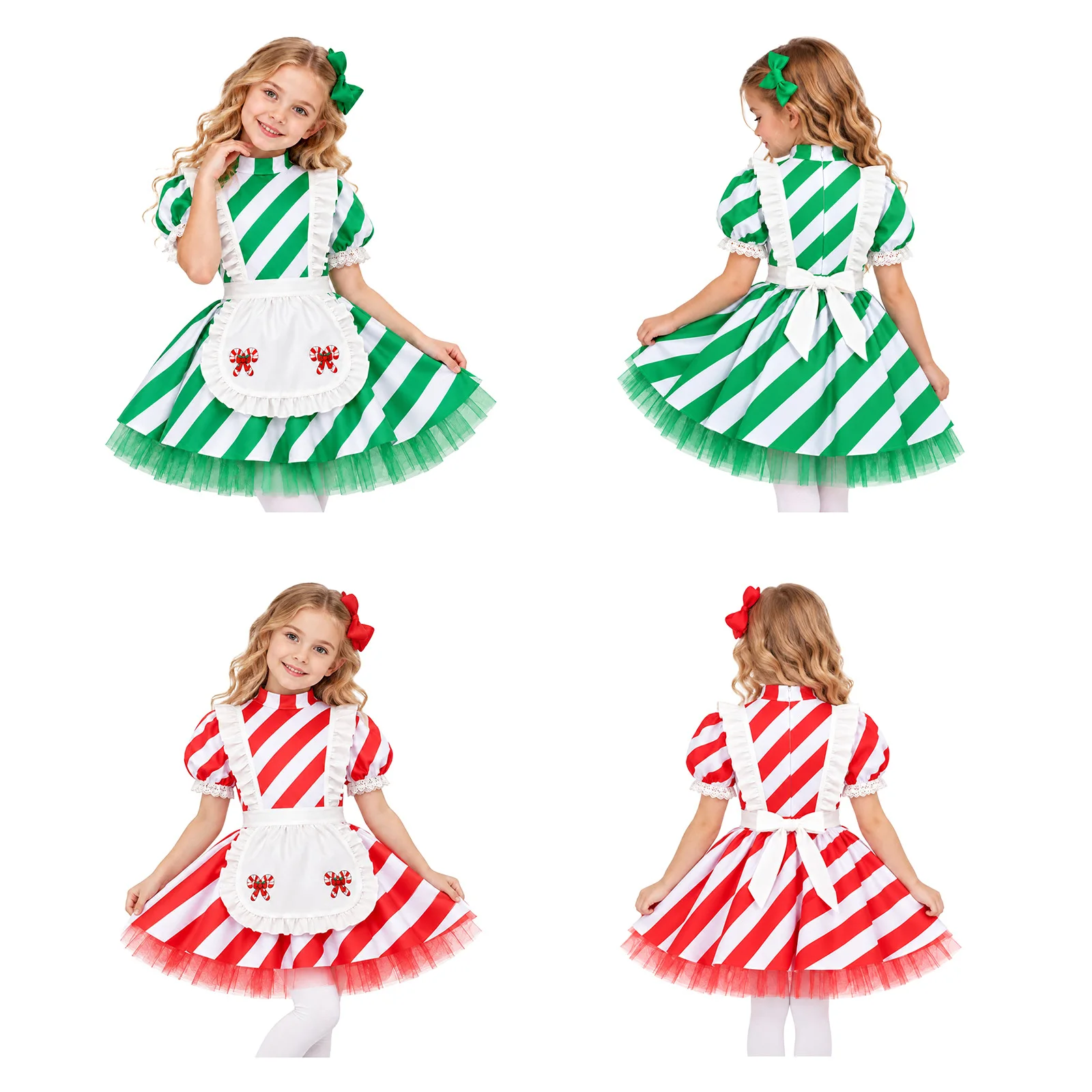 Kids Girls Christmas Candy Cane Costume Lace Trim Puff Sleeves Tulle Lining Striped Dress with Ruffles Apron for Festival Party view 5