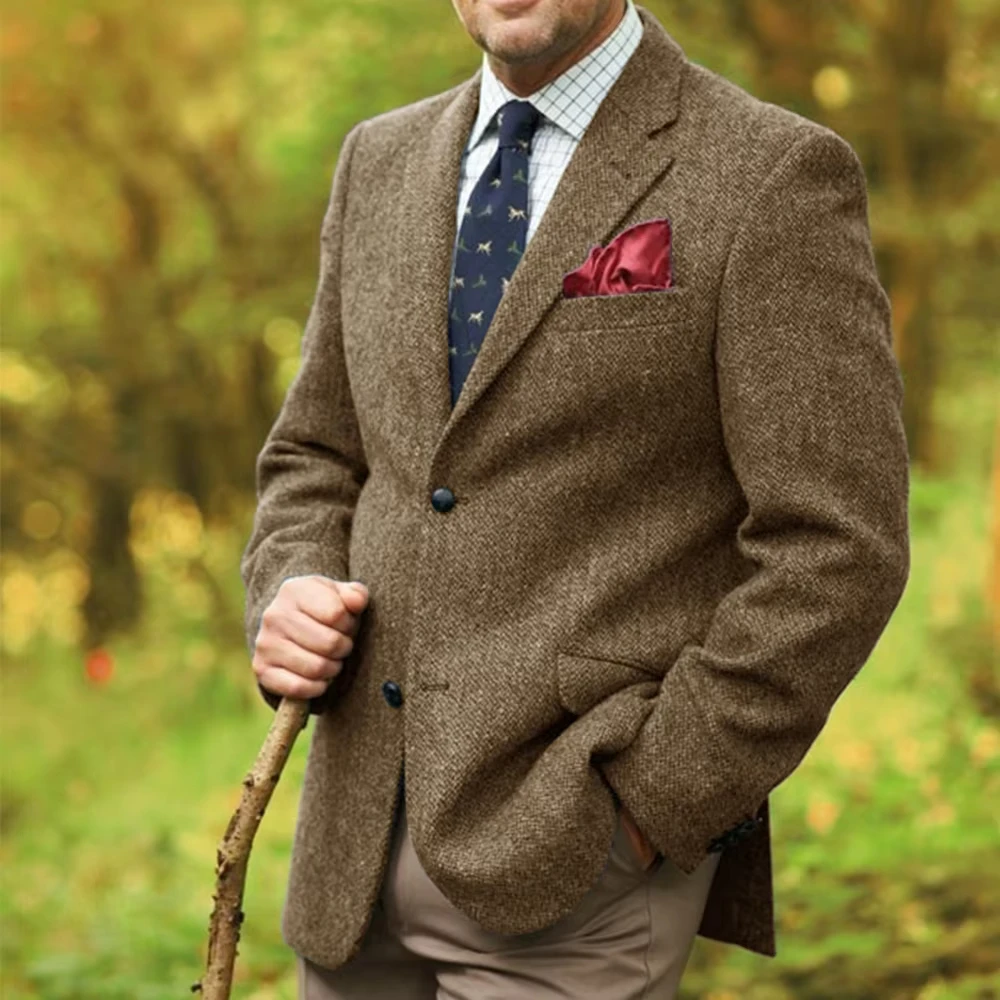 سترة بدلة بنمط متعرجة رمادية للرجال سترة كلاسيكية واحدة الصدر غير رسمية للتنقل في الخريف 2025