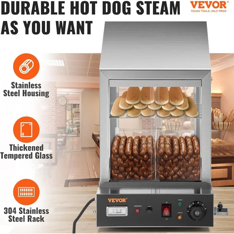 VEVOR Hot Dog Machine, 36 L, 2-Tier Hot Dog Steamer for 200 Hotdogs & 42 Buns, 1200W Electric Bun Warmer Cooker with Rotary Knob