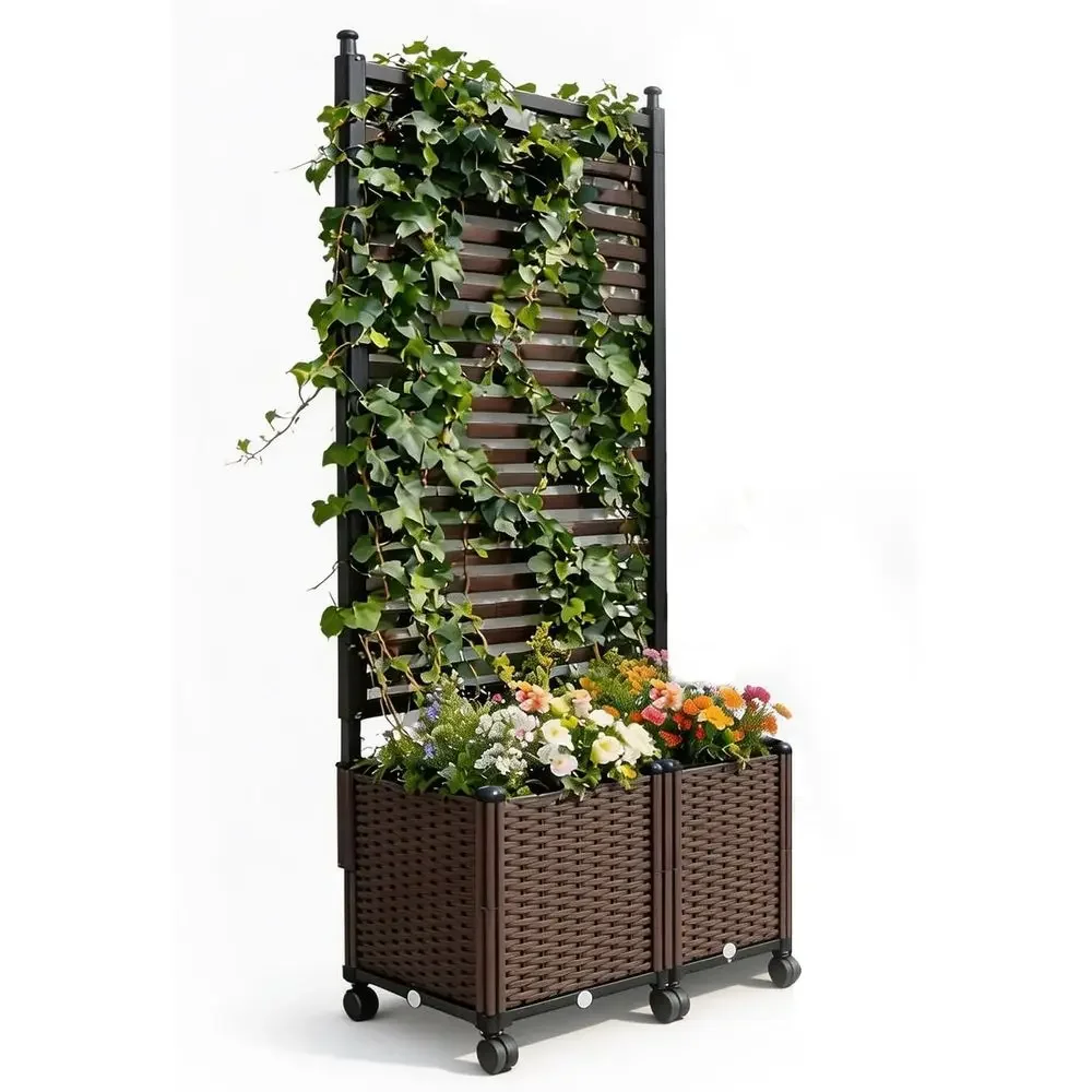 Privacy Screen with Planter, Raised Garden Bed, Trellis, Resin Wicker, Lockable Wheels, Drainage, Weatherproof Outdoor Balcony D