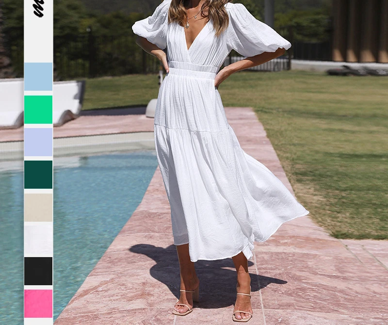 

2024 Summer New Advanced Deep V Puffle-sleeve Holiday Dress Fashion Women's Dress