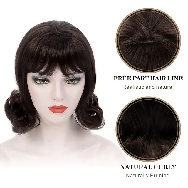 Retro Style 90s Women Long Brown Synthetic Wig with Side Bangs, Fashion Cosplay Party Costume Heat Resistant Fiber Hairpiece