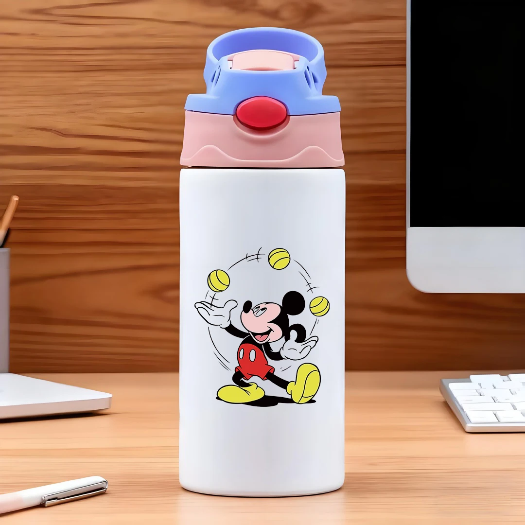 

Disney Mickey Mouse cartoon straw cup red shorts yellow shoes big eyes ball play vibrant background black 304 stainless st