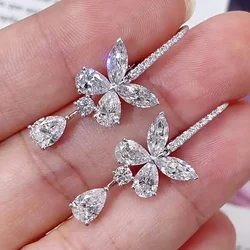 Flower Water Drop Moissanite Diamond Dangle Earring 100% Real 925 Sterling Silver Wedding Drop Earrings for Women Bridal Jewelry