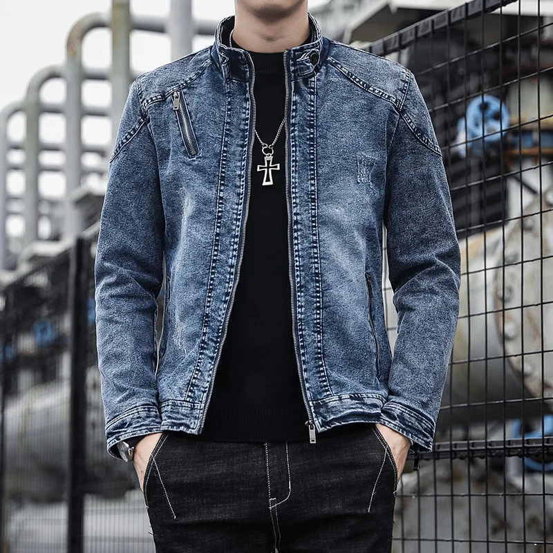 Idopy New Men`s Jean Jacket Motorcycle Vintage Stand Collar Slim Fit Zipper Up Biker Jean Washed Rider Denim Jacket For Male