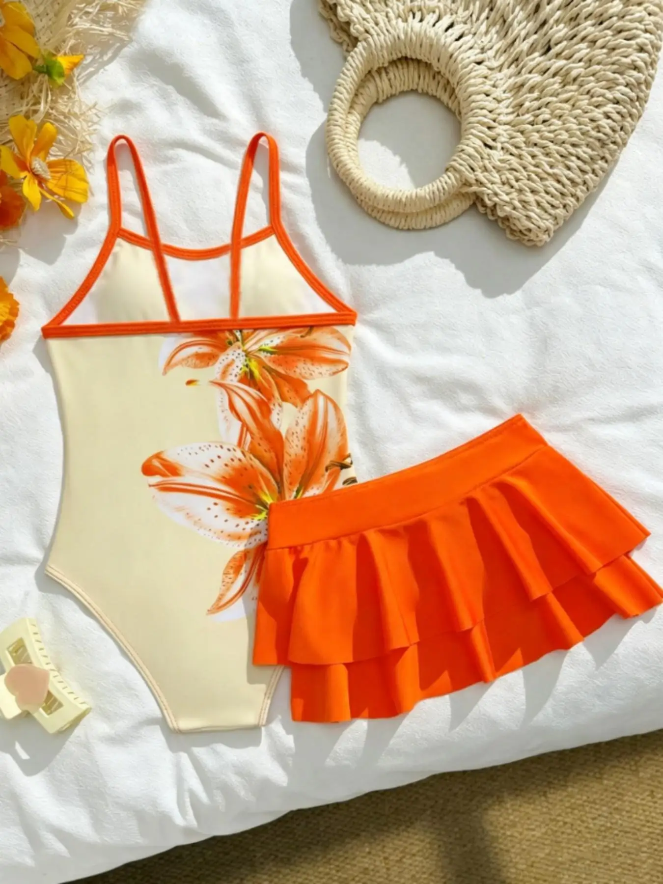 Girls' Swimwear Set: Orange Skirt + Exquisite 3D Floral Print One-Piece Swimsuit Two-Piece Set with Double-Layer Ruffle Skirt + Cross-Tie Design Swimsuit Suitable for Girls Aged 4-12 for Beach and Pool
