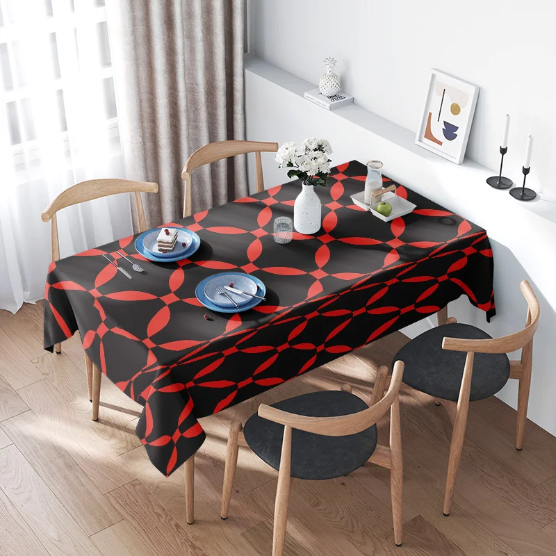 Black Red Geometric Dining Tablecloth Unique Modern Kitchen Decor Easy Care Table Linen for Home Entertaining XL Size (70 x 126)