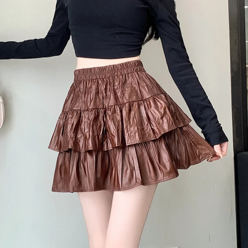 Vintage PU Leather Half-body Skirts Women Autumn Elastic Waist A-line Solid Color Skirt Casual Versatile Ball Gown Skirts Female