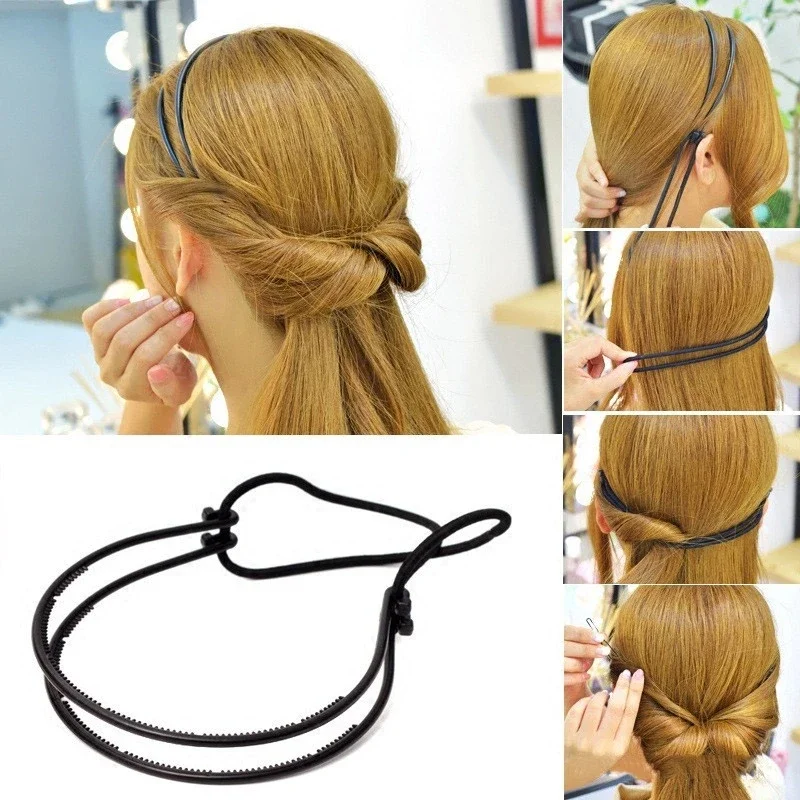 

Double Root Hair Hoop band Styling Tools Female Girl Headband Adjustable Head Elastic Clips Women Accessories