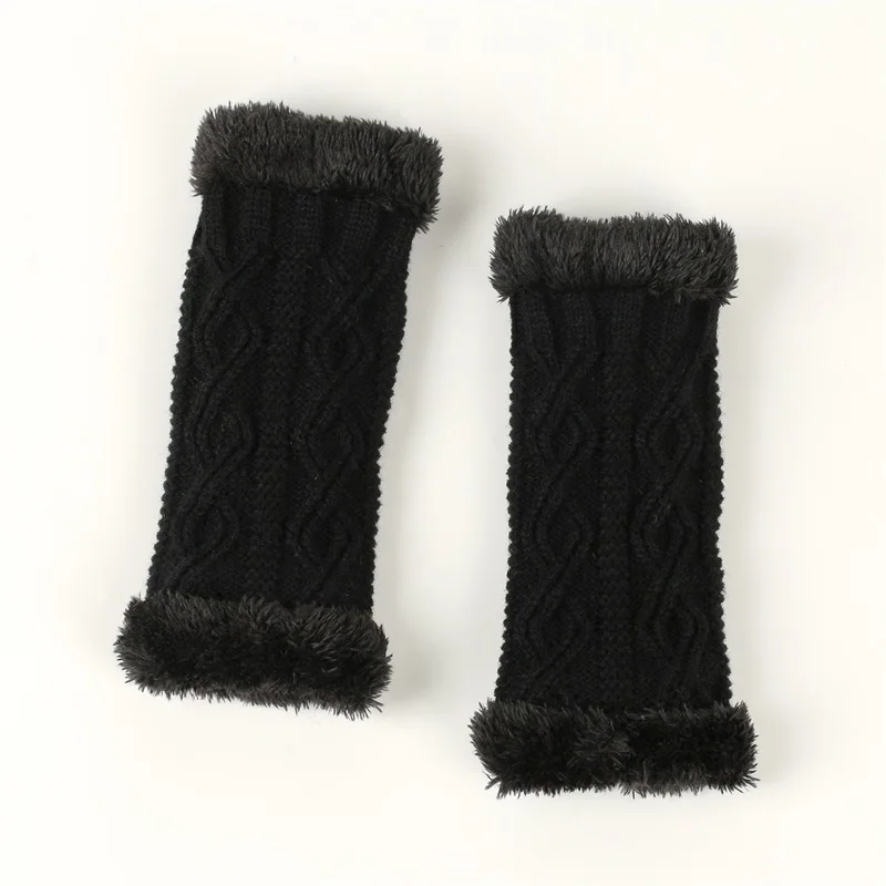 Women Cable Knit Gloves Thickened Fleece Lined Fingerless Gloves with Thumbhole Warm Arm Sleeves Winter Outerwear