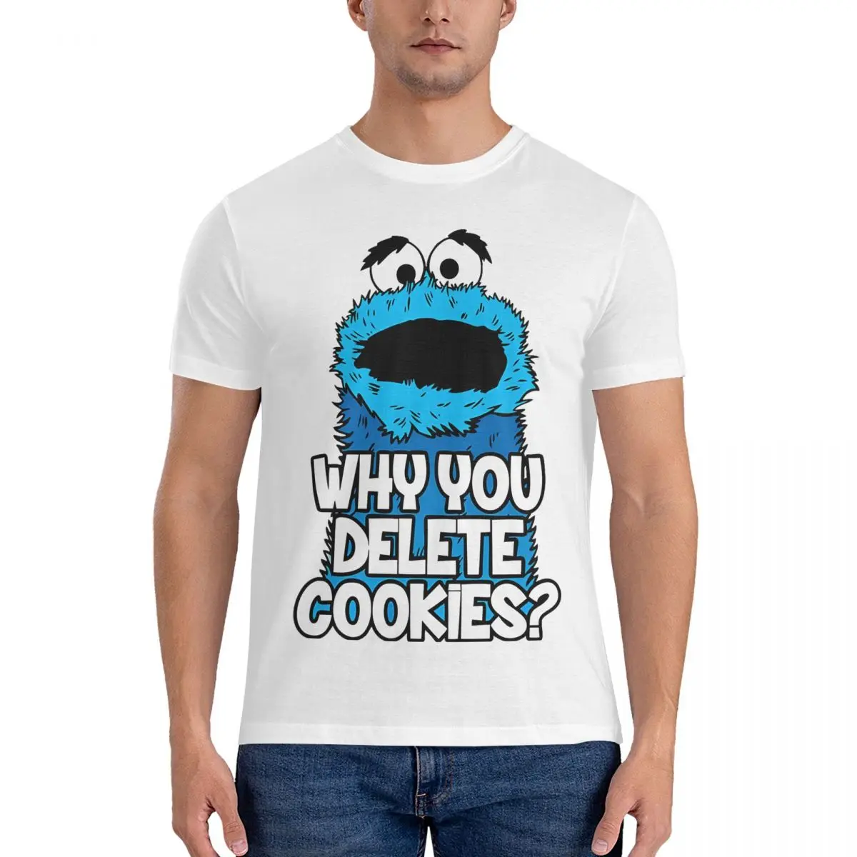 Men T-Shirt WHY You Delete Amazing Pure Cotton Tee Shirt Short Sleeve Cookie Monster T Shirts Round Neck Tops Printed