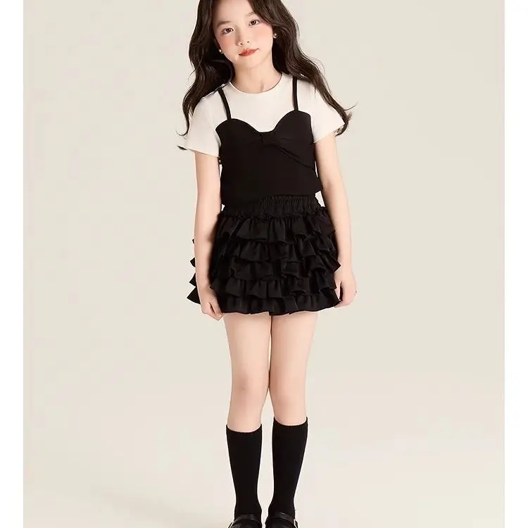 

Girls' Summer Suit 2025 New Children's Korean Version Splicing Bow Fake Two-piece T-shirt Skirt Two-piece Suit