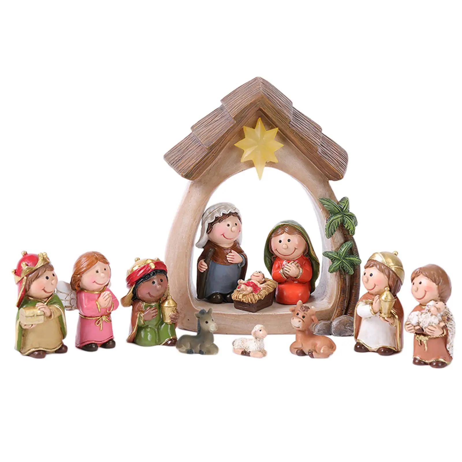 Figurines de la Nativité de Noël avec lumière, résine, Sainte famille, naissance de Jésus pour Noël, église britannique, étagère, chapelle, 12 pièces