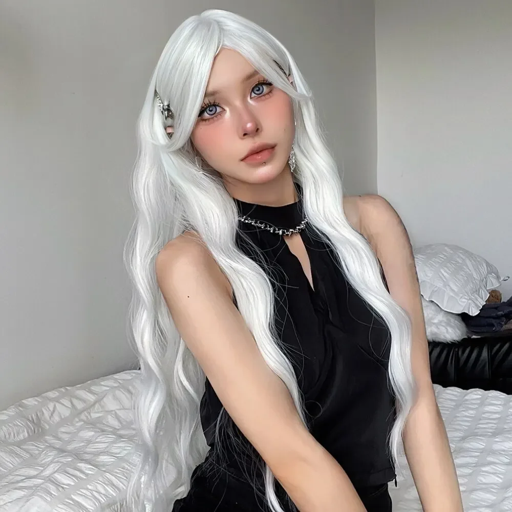 Cosplay Silky Wig for Women White Colorful Long Water Wave Wig with Bangs  Daily Party Natural Soft Synthetic Hair Heat Resistan