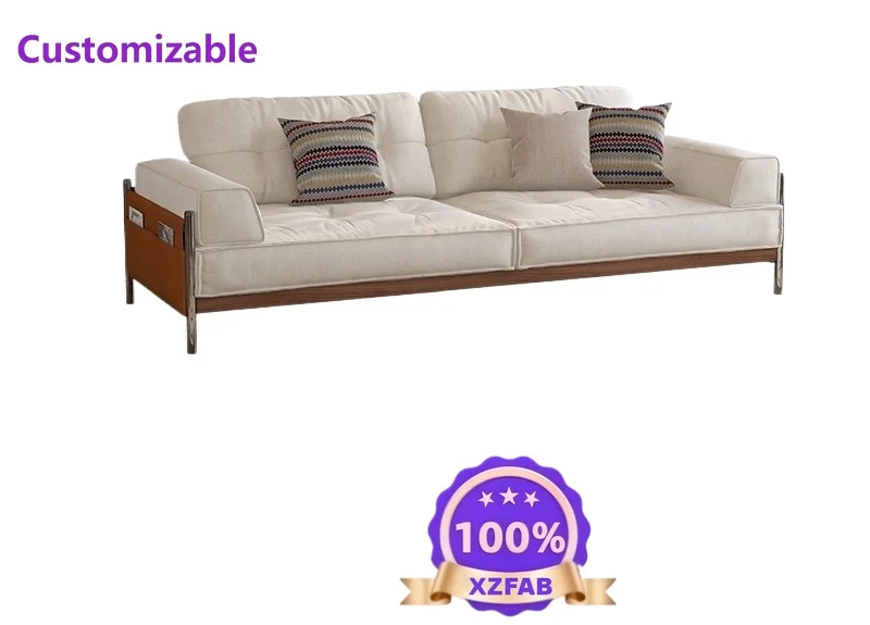 Factory Direct 2026 Retro style solid wood sofa living room simple straight row fabric dismantling and washing small apartment