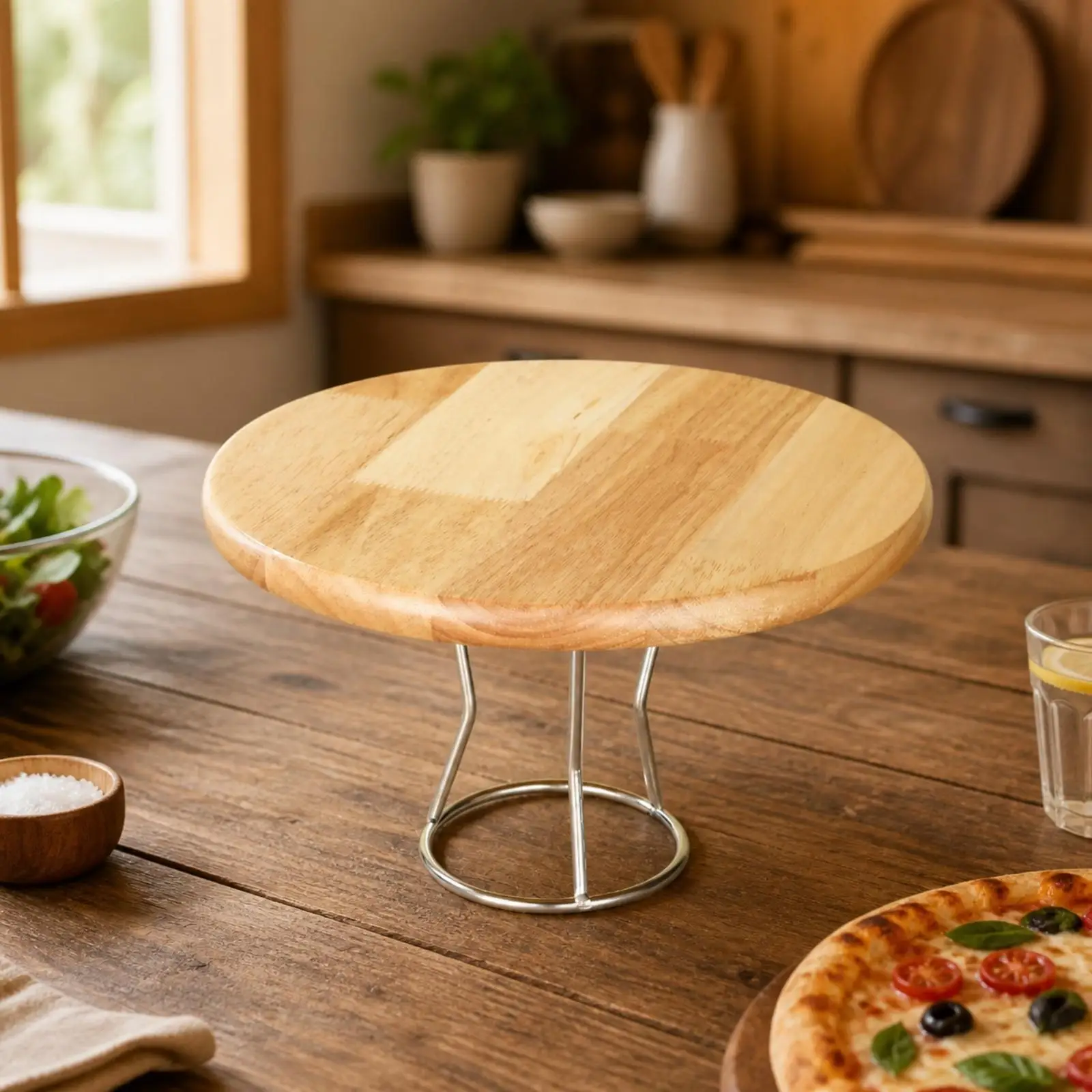 Elevated Wood Pizza Board Stand with Metal Frame for Restaurant Bakery and Home Dining