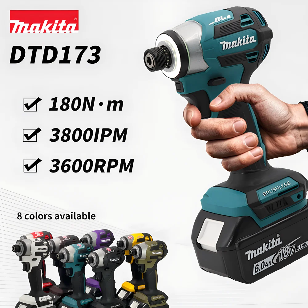 Atornillador de Impacto Inalámbrico Makita DTD173 de 18 V, 180 N.m, Taladro Eléctrico sin Escobillas, Destornillador LED Multifunción, Herramientas Eléctricas para el Hogar
