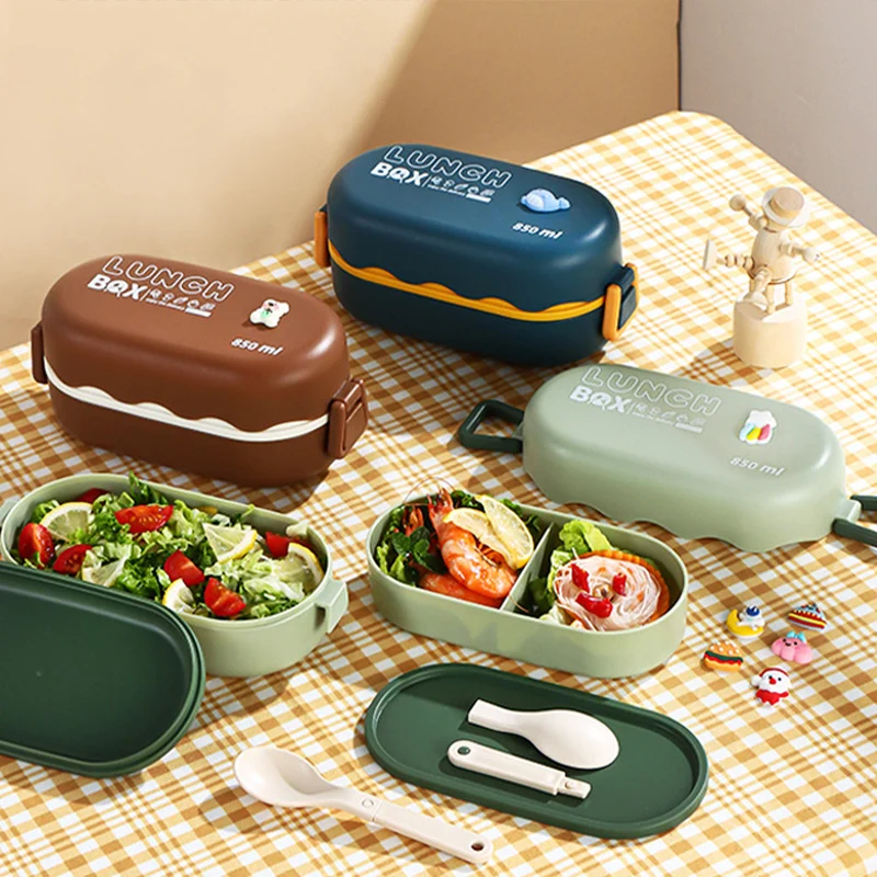 850ml Portable Lunch Box School Office Microwavable Plastic Bento Box Double Layer Leakproof Salad Fruit Food Container