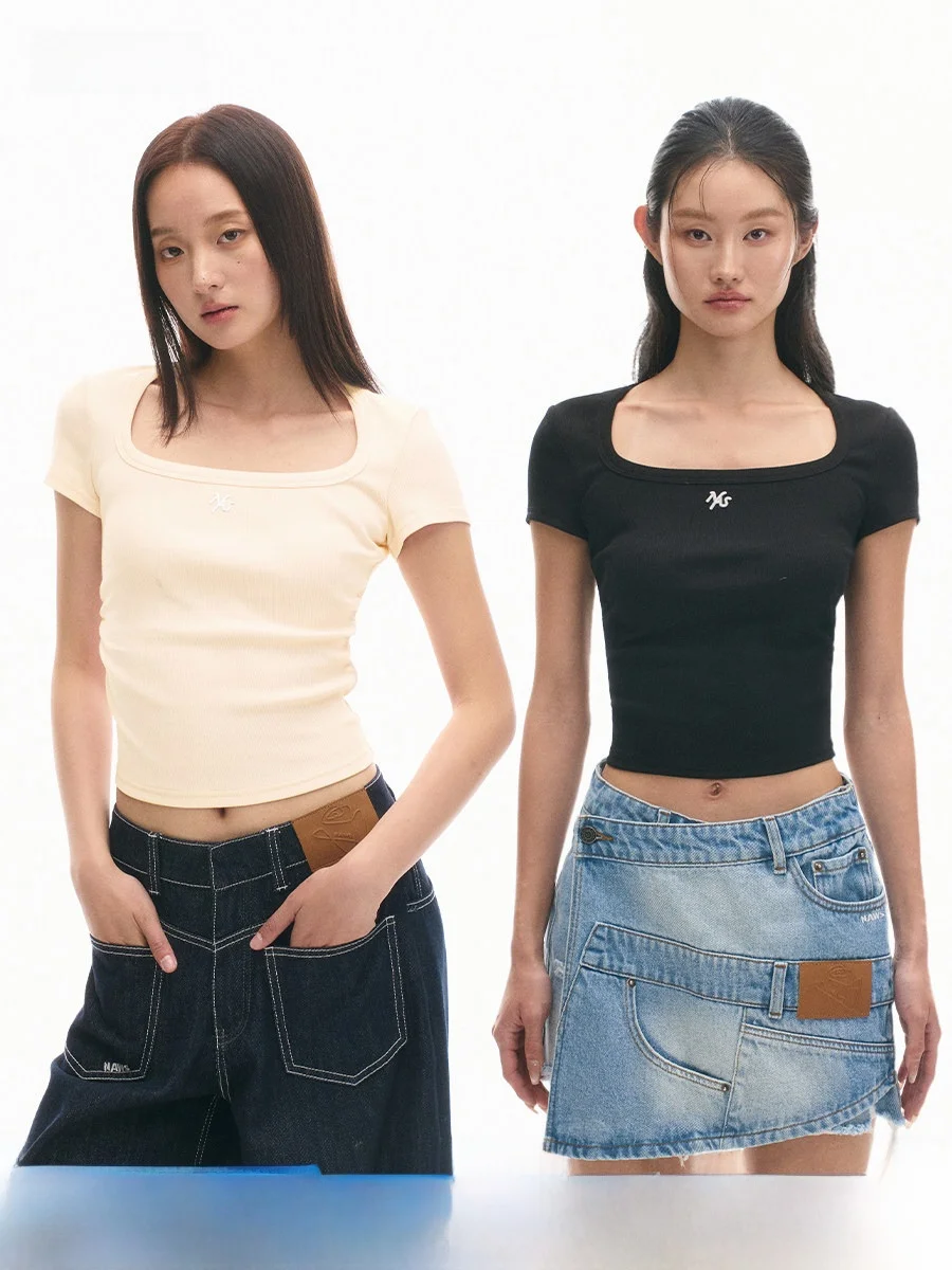 

Женская футболка NAWS Garden Slim Fit из ледяного шелка с ребристой отделкой на талии, круглым вырезом и коротким рукавом, хлопковая, стандартной длины