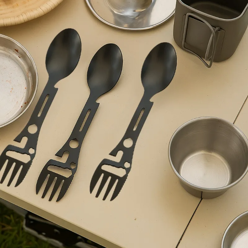 1/4 個アウトドアフォークスプーン多用途アウトドアキャンプツール軽量フォークスプーン栓抜きサバイバル戦術ユーティリティ