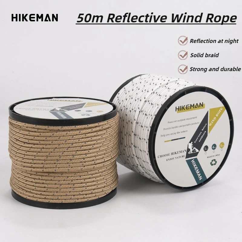 

HIKEMAN Camping Reflective Rope 50Meter Heavy Duty 4MM Tent Guyline Outdoor Windproof Rope for Camp Tarp Clothesline