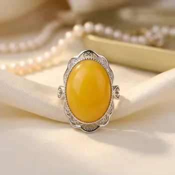 Certificate Vintage 925 Silver Natural Oval Yellow Amber Finger Band Genderless Retro Gem European Style Rings Jewelry Bijoux