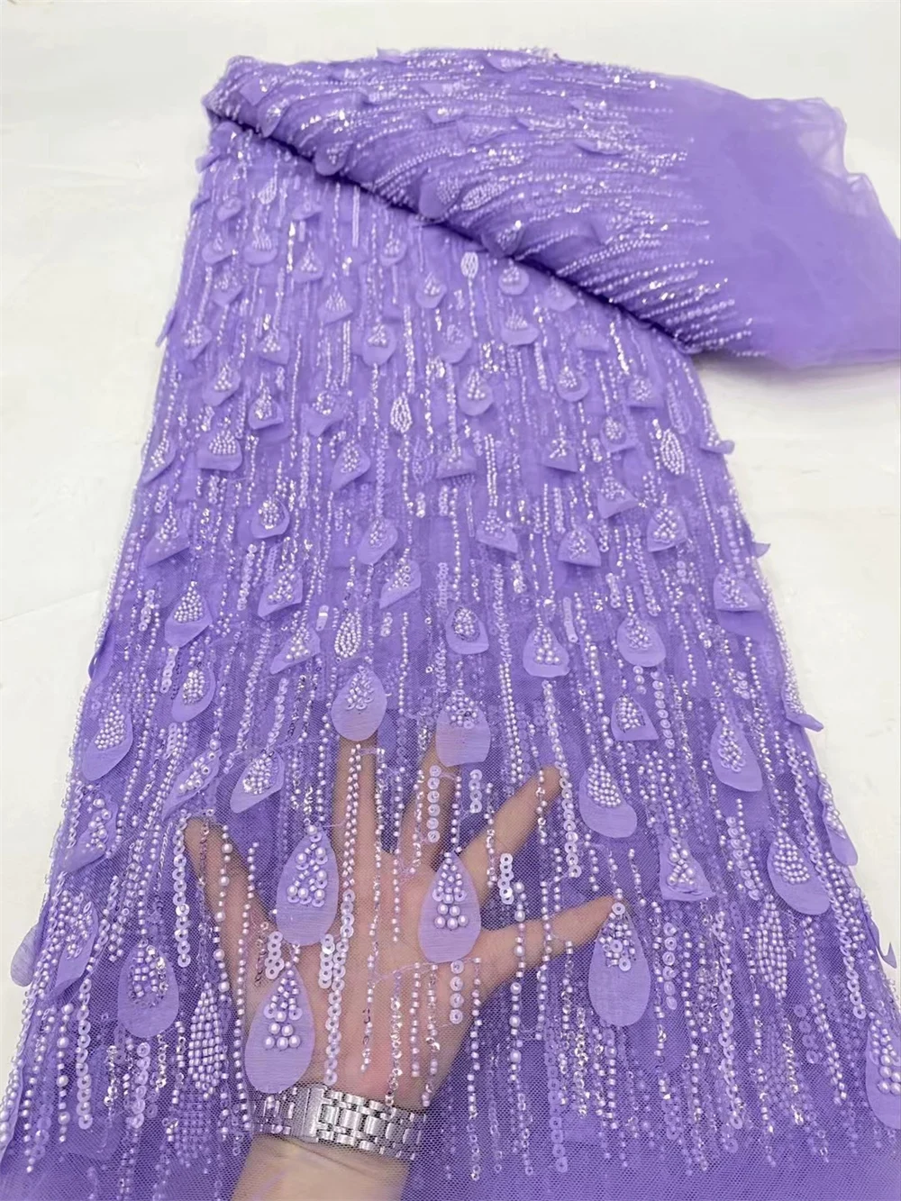 

Luxurious Nigerian Handmade Beads Lace Fabric 2024 High Quality Purple Beaded Embroidery African Lace Fabric For Dresses Sewing