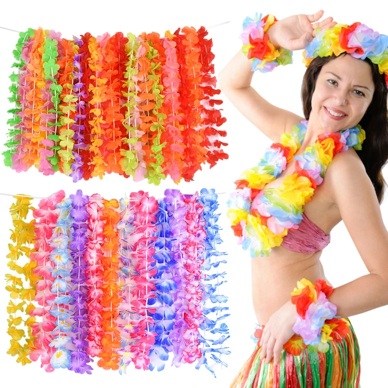 

10PC Hawaiian Artificial Flower Wreath Necklace Straw Table Skirt Summer Luau Birthday Party Decor Hawaii Beach Wedding Supplies