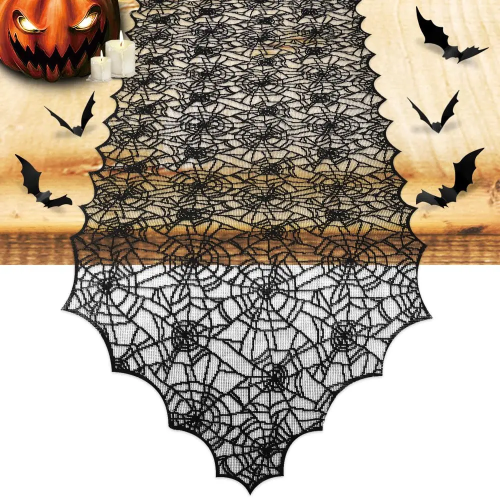 1pc Halloween Decoration Table Runner,Spider Web Black Lace Table Runner for Kitchen Dinner Table,Halloween Decoration Indoor