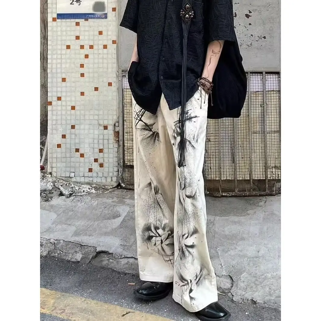 American retro men and women street hip-hop ink splashing graffiti straight leg jeans casual wide leg casual pants for couples