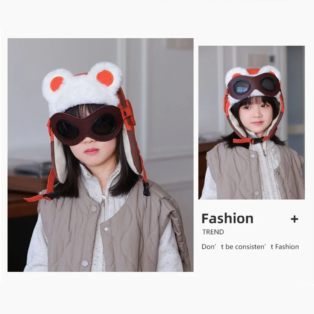 Cute Winter Children's Goggles Integrated Hat Windproof Fleece-Lined Ear Protection Cap Warm Ski Hat for Boys and Girls
