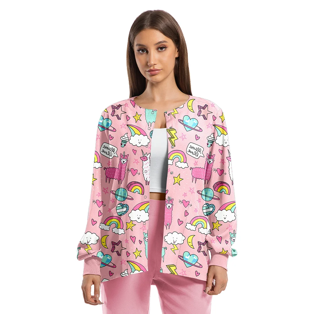 レディースカジュアル医療スクラブジャケットユニフォーム、柔らかく快適なポリエステルスパンデックス、長袖、シングルブレスト、プリント入り歯科医ジャケット