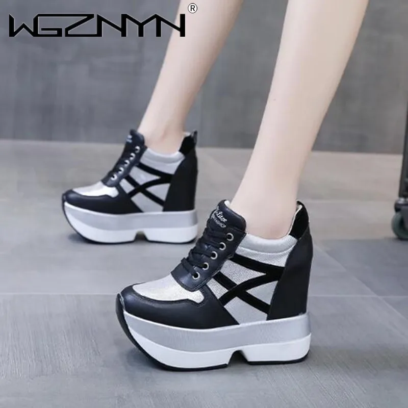 

2024 Autumn Women High Platform Shoes Height Increasing Casual Shoes 12CM Thick Sole Trainers Breathable Shoes Women Sneakers