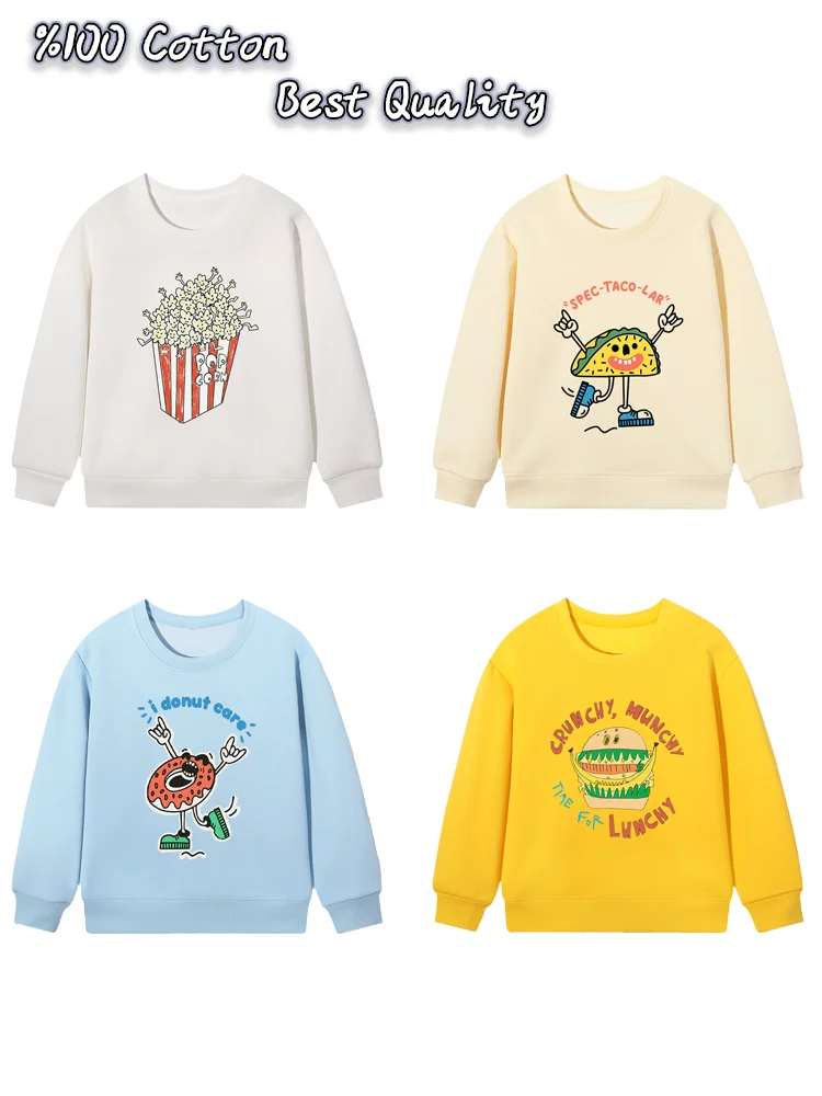 fashion baby Boys sweatshirt winter cute fun prints Kids Clothes 2026 new Cheese Popcorn Print Tops Burger pullover Child hoodie