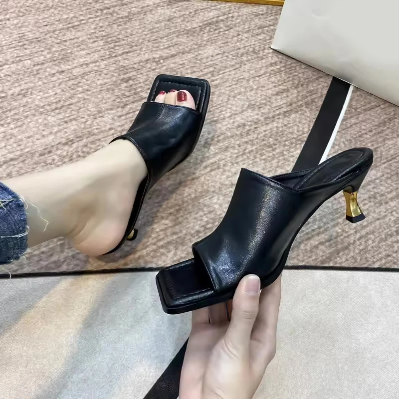 Ladies' high heels, sandals, square toe luxury slim heels, summer leather banquet women's shoes