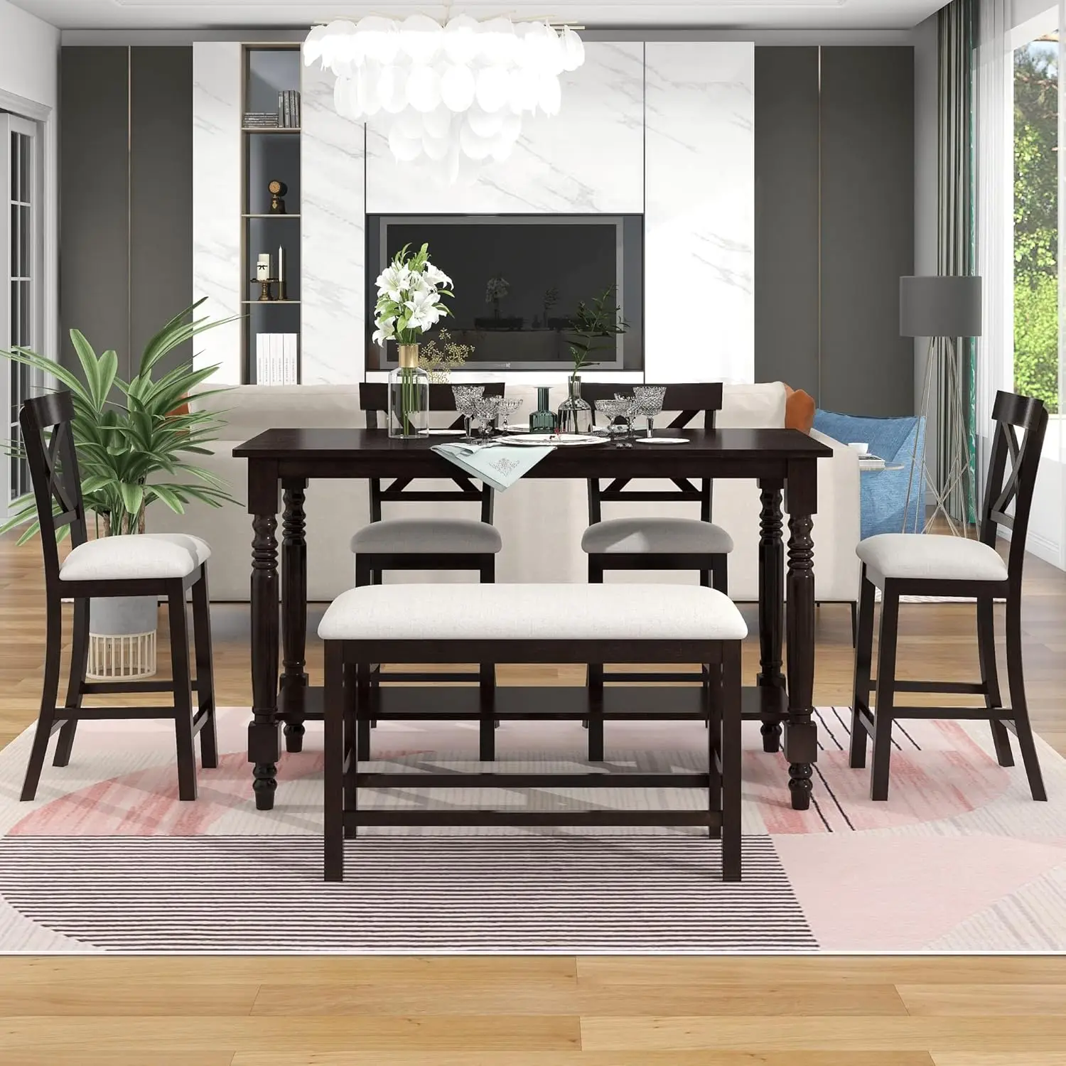 Comptoir recommandé-Ensemble de table à manger avec banc et chaises, table de cuisine en bois, table de ferme avec étagère et solution