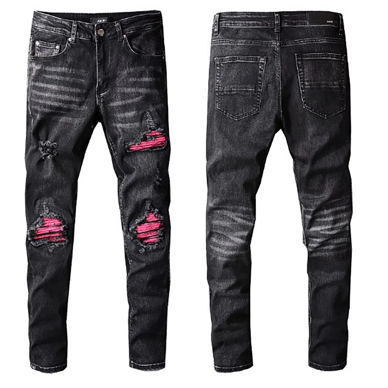 Straight Jeans Men's Distressed Stretch Ripped Biker Jeans Men Hip Hop Slim Fit Holes Punk Jeans Zipper Pure Color Denim Pants