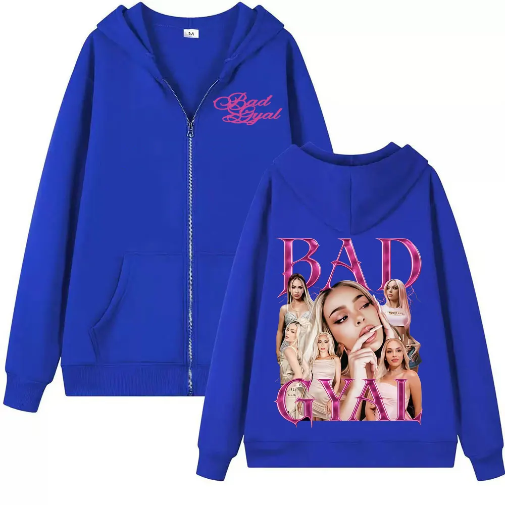 Singer Bad Gyal 빈티지 90년대 지퍼 후드티 남성 여성 하라주쿠 미학 트렌드 스웨트 셔츠 코트 캐주얼 바디워머 지퍼 업 풀오버