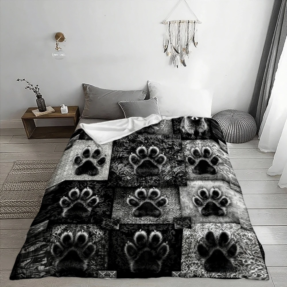 High-Definition Printed Black Paw Print Blanket. Soft & Warm Flannel Throw, Ideal for Travel, Camping, Sofa, Living Room, Armcha