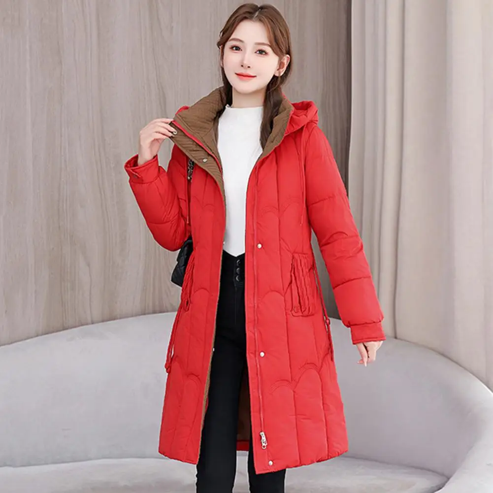 Winter Lady Down Coat Thickened Pockets Zipper Closure Hooded Cotton Jacket Windproof Knee Length Heat Retention Women Outwear