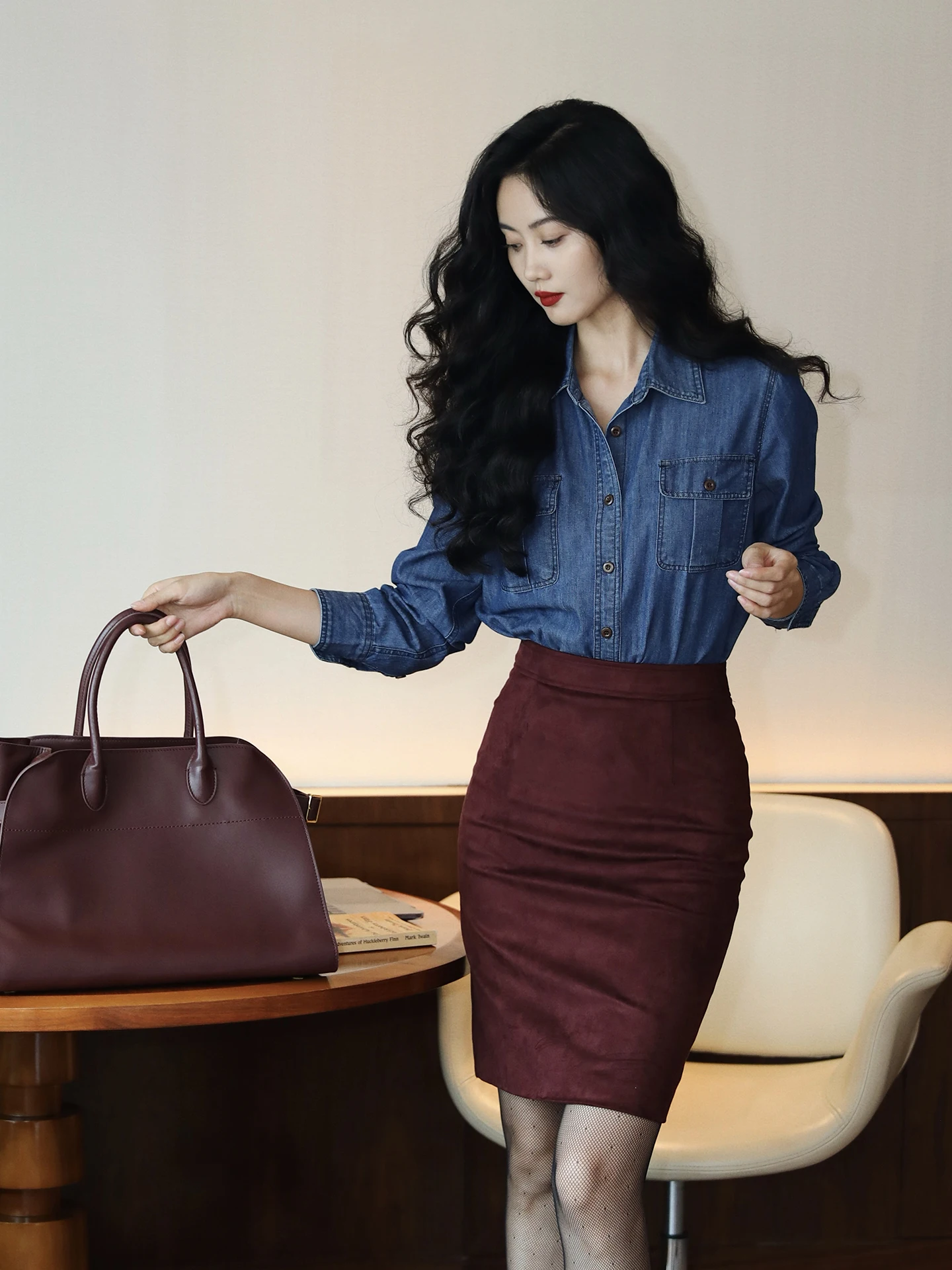 

TAIYANG OFFICE Retro Denim irt Long Sve Commute Hong Kong Sle Women's Top Cotton Pure Straight Cut Breathable