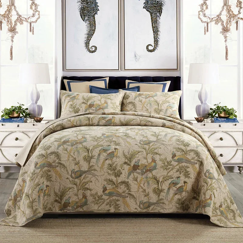 Retro Cotton Quilt Set, Quilted Bedspread on The Bed, Printed Coverlet Bed Cover Queen Size, Home Summer Double Blanket for Bed