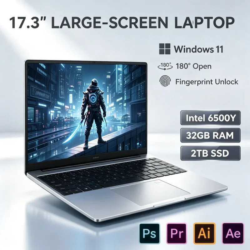 Intel 6500Y 17.3 Inch Large Screen Laptop Windows 11 32GB RAM 2TB SSD Fingerprint Lock Portable PC For Home Office Entertainment