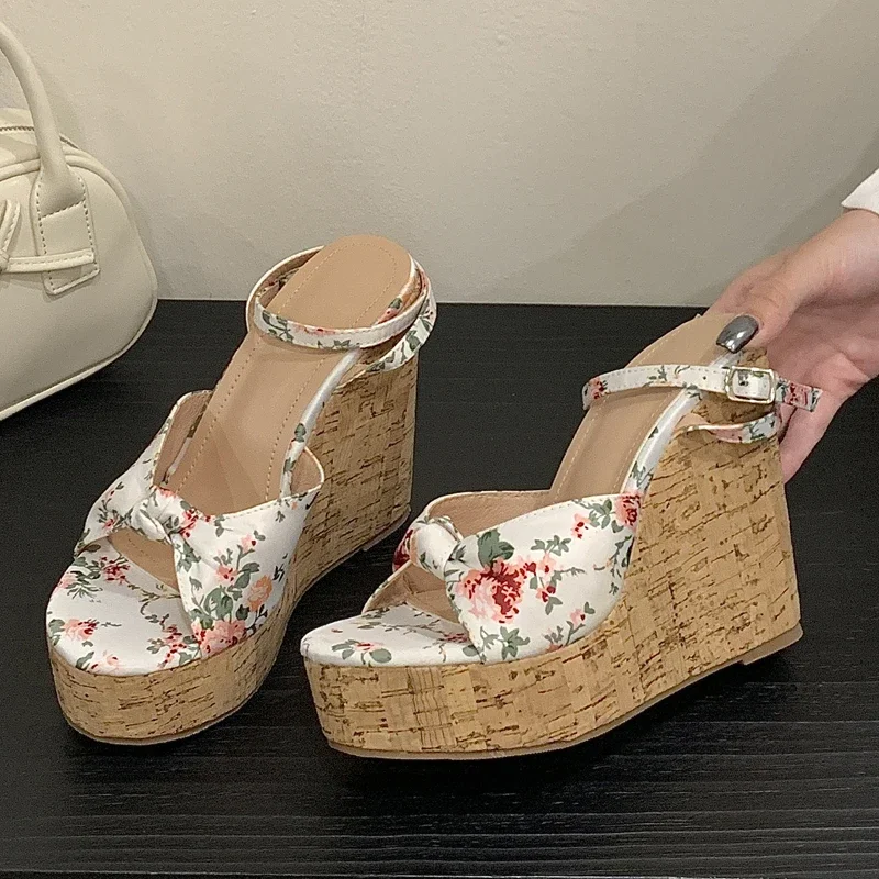 

Eilyken Designer Print Wood Grain Platform Wedge Woman Sandals Fashion Thick Bottom High Heels Buckle Strap Summer Shoes