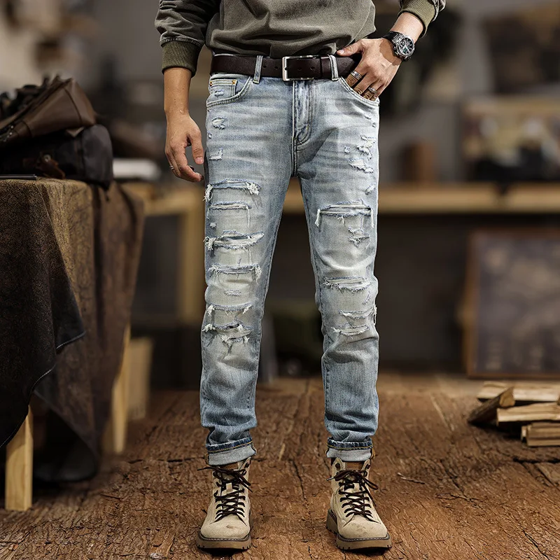 

autumn and winter new style worn-out small leg jeans for men simple and youthful elastic ripped jeans men clothing streetwear